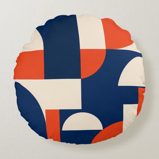 Djärva geometriska former i marinblå orange och mö rund kudde (Framsidan)