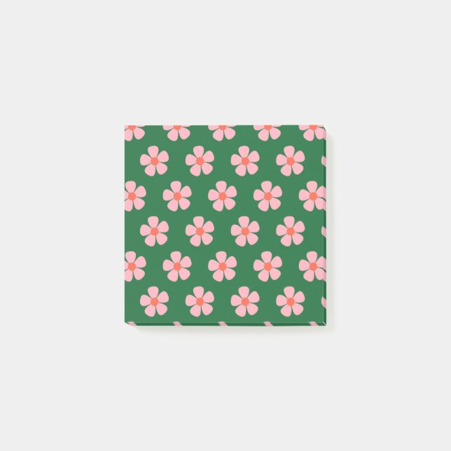 Djärva gröna och rosa fantasifulla blomster retro- post-it block (Framsida)
