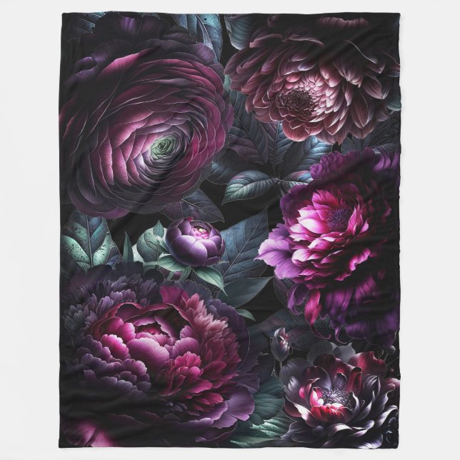 Djärva Moody Blommor Svart Förtrollad Blomsterträd Fleecefilt (Framsidan)