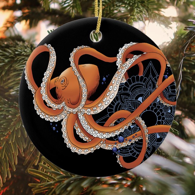 Djärva Orange Förtrollande Bläckfisk Mandala  Julgransprydnad Keramik (Skapare uppladdad)