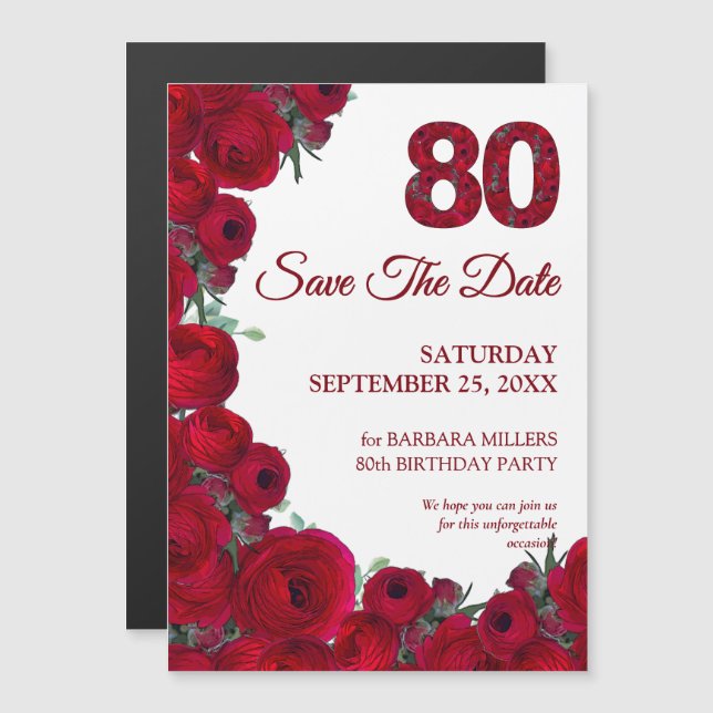 Djärva röda blommor 80-årsfirande Save the Date Magnetisk Inbjudningskort (Fram/baksida)