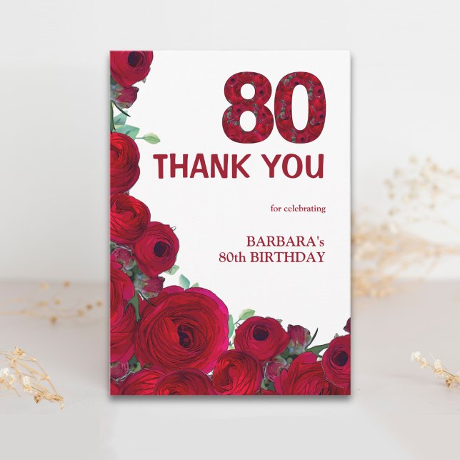 Djärva röda blommor 80-årsfirande tack elegant kort (Skapare uppladdad)
