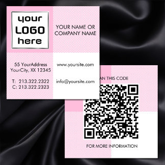 Djärva rosa vita Gingham-rutor Logo QR-kod Fyrkantigt Visitkort