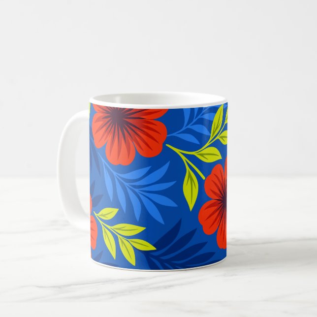 Djärva scharlakansröda blommor med eleganta blad kaffemugg (Framsida vänster)