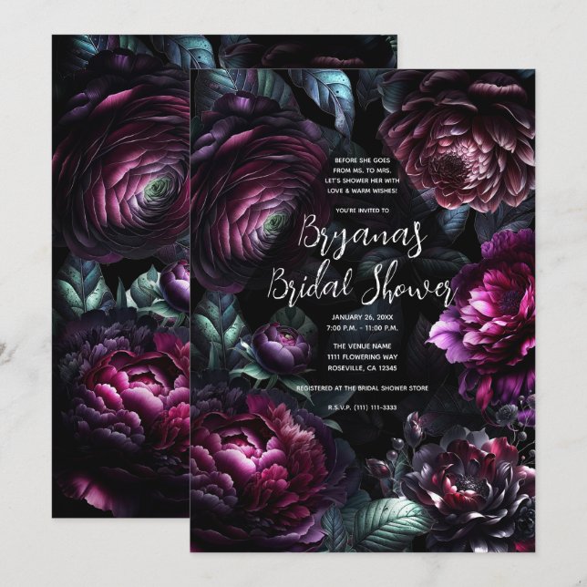 Djärva stämningsfulla blommor Svarta förtrollade b Inbjudningar (Fram/baksida)