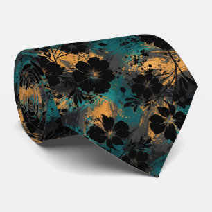 Djärva svarta blommotiv i silhuett med teal och se slips