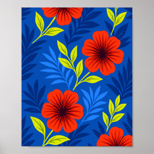 Djärva Vermilionröda Blommor med Eleganta Löv Poster