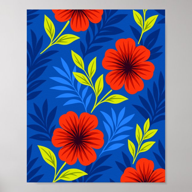 Djärva Vermilionröda Blommor med Eleganta Löv Poster (Framsidan)