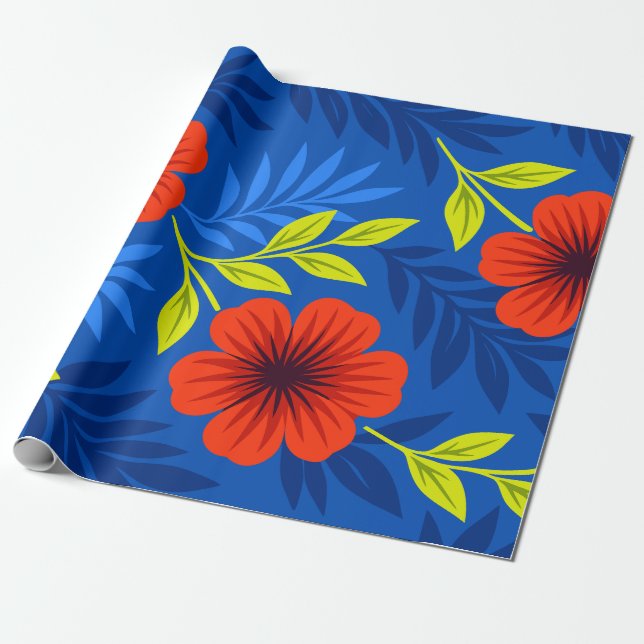 Djärva Vermilionröda Blommor med Eleganta Löv Presentpapper (Utrullad)
