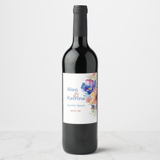 Djärva Vildblomma Bröllops Vin Etikett Set (Framsida)