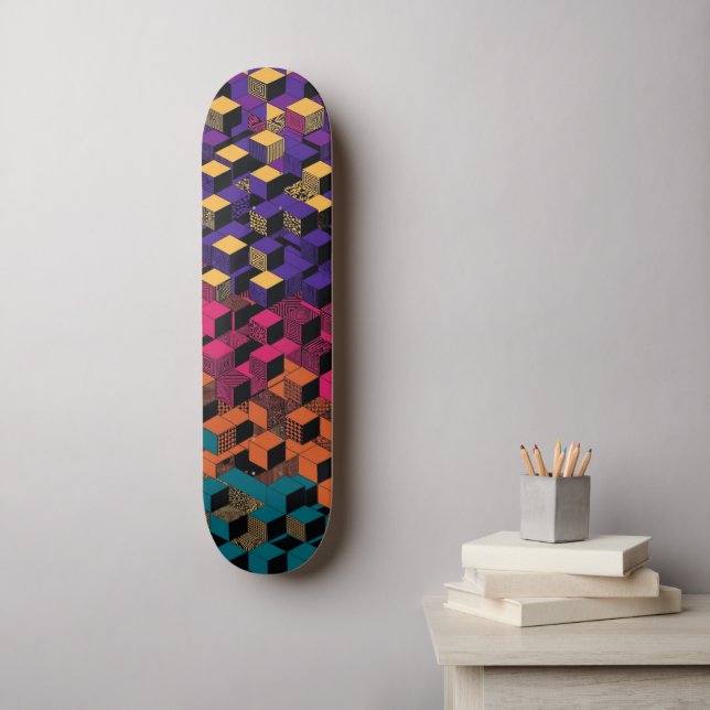 Djärvt 3D-isometriskt kubtorn - geometriskt mönste Mini Skateboard Bräda 18,5 Cm (Väggkonst)