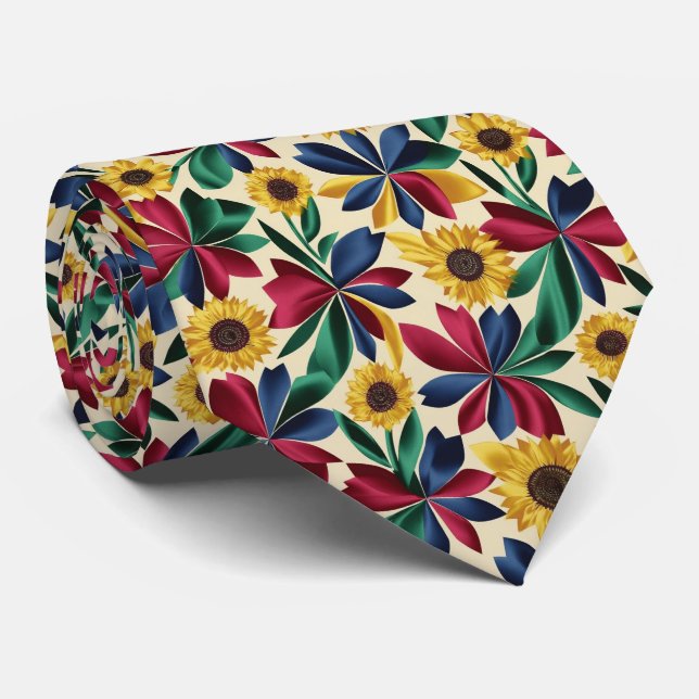 Djärvt Blommigt Mönster i Färgblock Slips (Rullad)