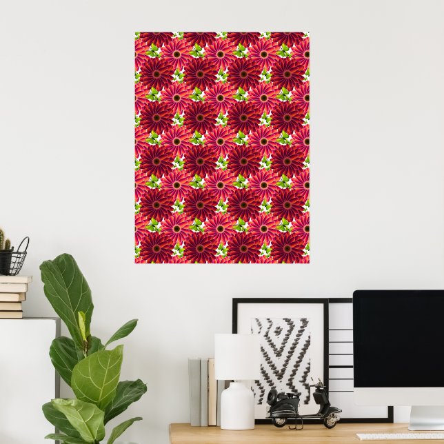Djärvt blommönster med fjärilar | Levande rött Poster (Hemmakontoret)