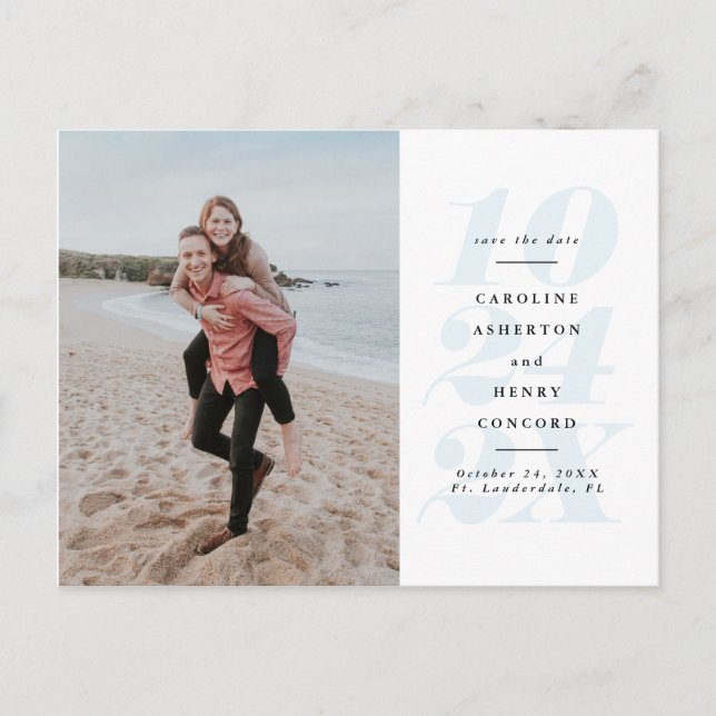 Djärvt datum blå spar datum foto vykort (Framsida)