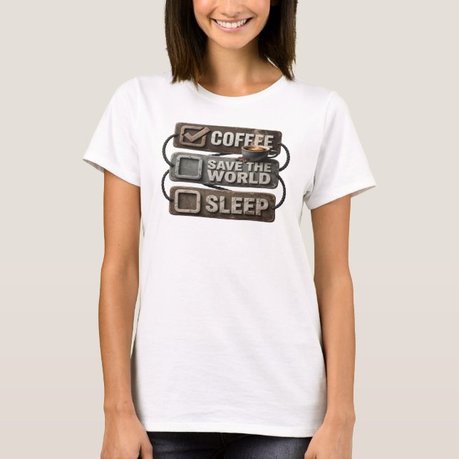 Djärvt Guld KAFFE FÖRST RÄDDA VÄRLDEN Statement De T Shirt (Framsida)