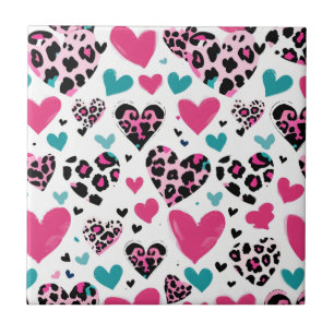 Djärvt Leopard Hjärtat Kärlek – Rosa, Svart & Turk Kakelplatta