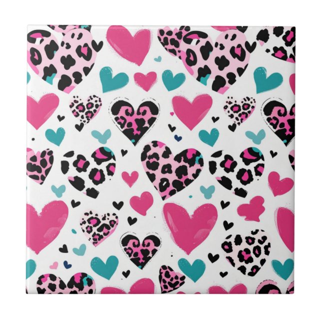 Djärvt Leopard Hjärtat Kärlek – Rosa, Svart & Turk Kakelplatta (Framsidan)