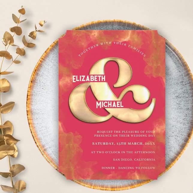 Djärvt Modernt Elegant Guld Och Rosa Magenta Bröll Inbjudningar (Front)