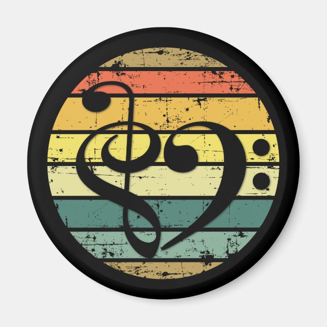 Djärvt musikaliskt hjärta över retro solnedgångsfä magnet (Framsidan)