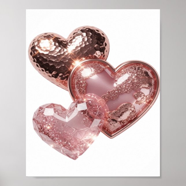 Djärvt Silver TRE HJÄRTAN Konstnärligt Motiv Poster (Framsidan)