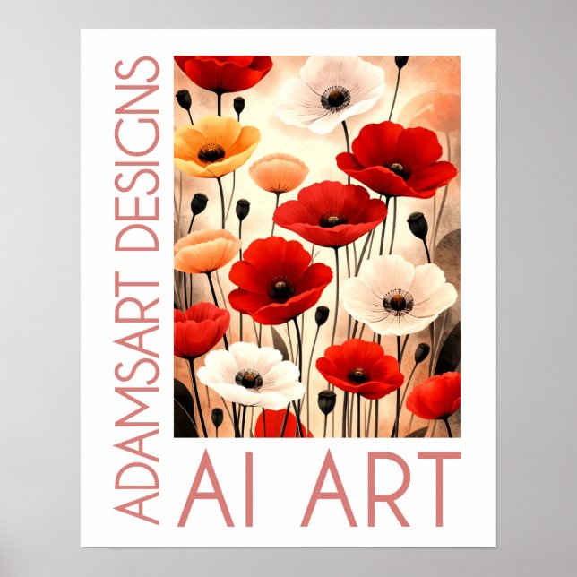 Djärvt vallmoblomsterarrangemang – Rött, Vitt & Or Poster (Framsidan)