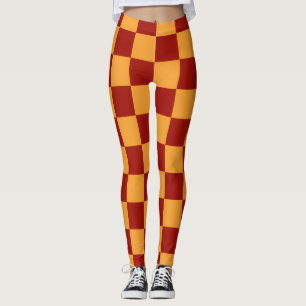Djärvt Vibrerande Sportigt Rödlila & Guld Schackru Leggings