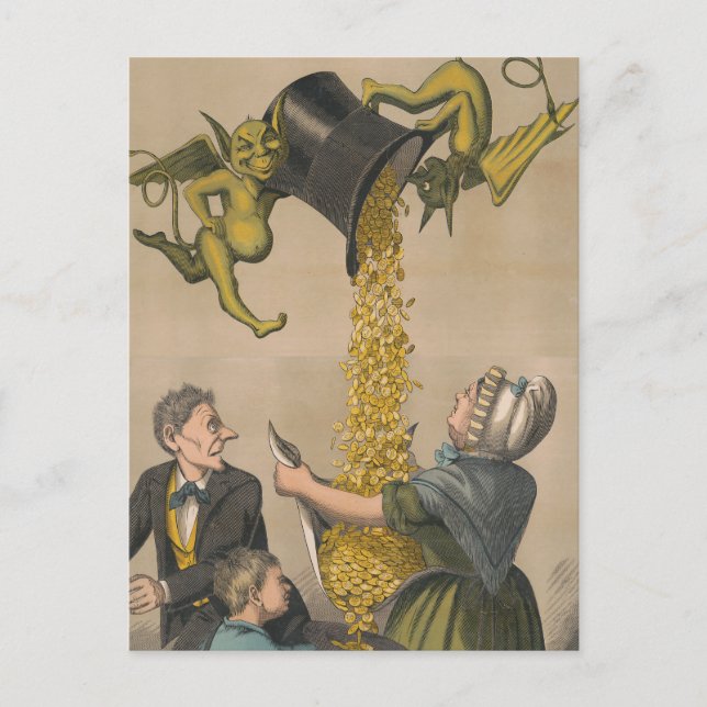 Djävlar häller guldmynt i kvinnans förkläde vykort (Framsida)