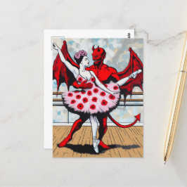 Djävulen Dances with ballerina in a poppy Dress Vykort