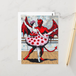 Djävulen Dances with ballerina in a poppy Dress Vykort
