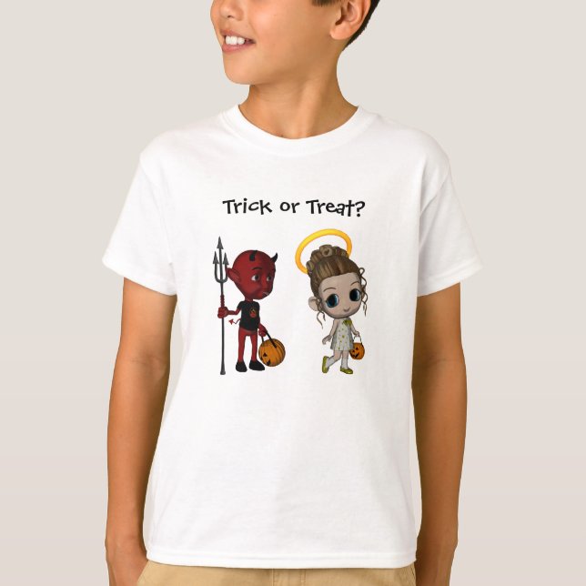 Djävulen eller Angel Bus eller godis Halloween T-shirt (Framsida)