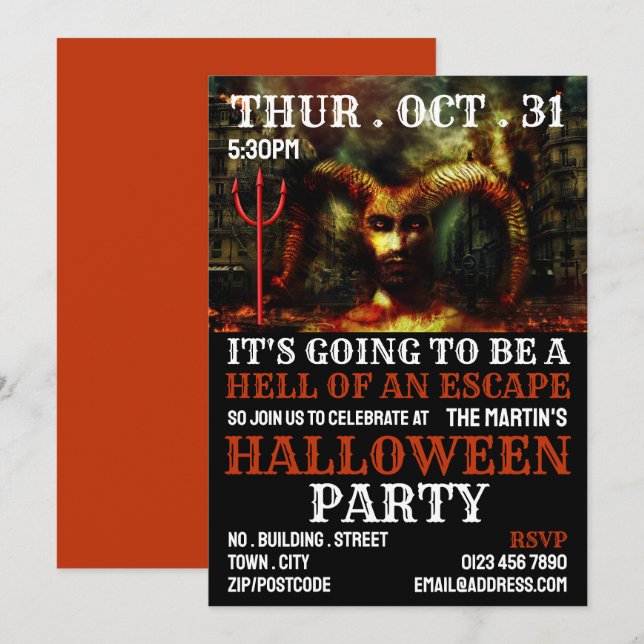 Djävulen Fan Theme, Escape Room Halloween fest Inbjudningar (Fram/baksida)