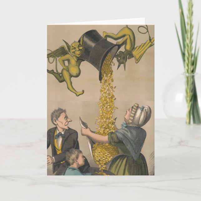 Djävulen som häller Guld Mynt in i Womans Apron Kort (Framsida)