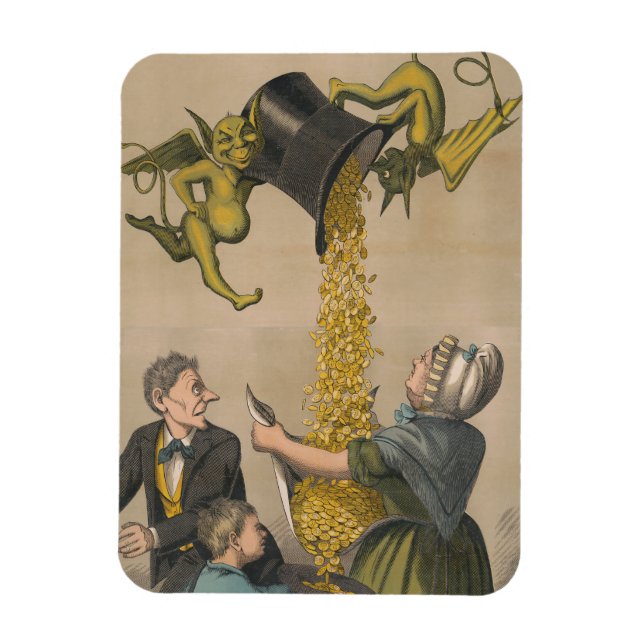 Djävulen som häller Guld Mynt in i Womans Apron Magnet (Vertikal)