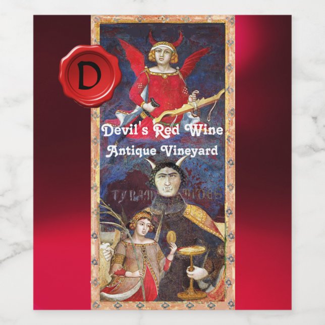 DJÄVULENS RÖDA VIN VÄX SIGILL MONOGRAM /ANTIKA TAR VINFLASKA ETIKETT (Singel etikett)