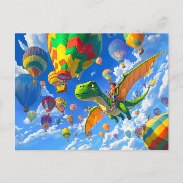 Djejegossar med dinosauurdragon och ballonger helg vykort (Framsida)