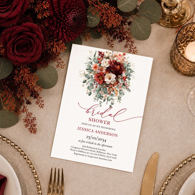 Djordbördsguld Burgunder Röd Blommig höst bröllops Inbjudningar (Deep Red Gold Burgundy Floral autumn bridal shower invitation

)