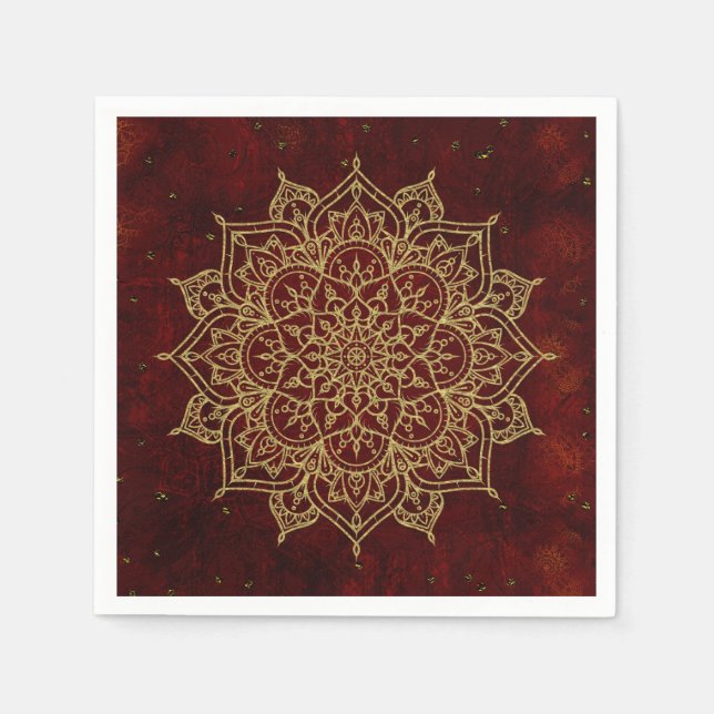 Djordbött Vinrött Mandala & Guld Glam Modern Chic Pappersservett (Framsidan)