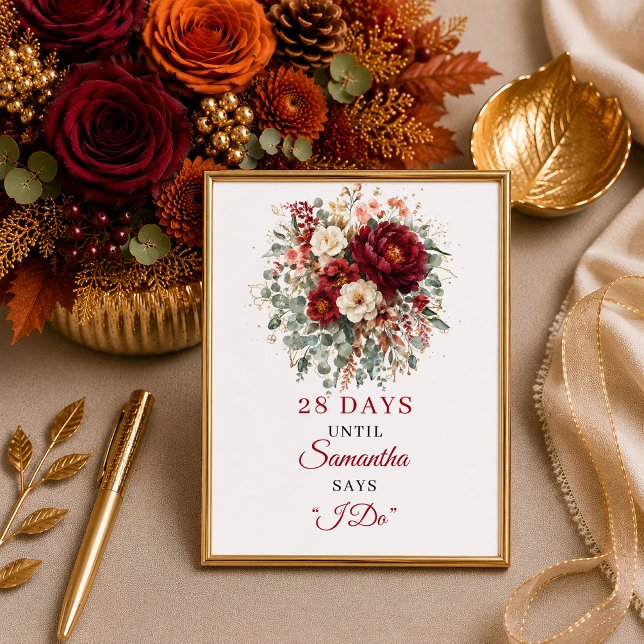 Djordbrun boho blomsterlig bröllopsdusch nedräknin poster (Deep red boho floral bridal shower countdown sign

)
