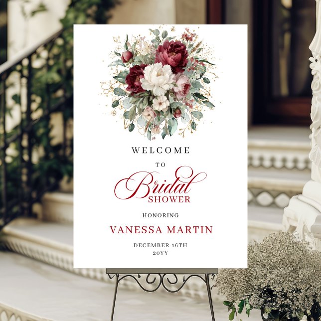 Djordbrunt Blommigt Guld Bröllopsfest Välkommen Poster (Deep Red Floral Bridal Shower Welcome)