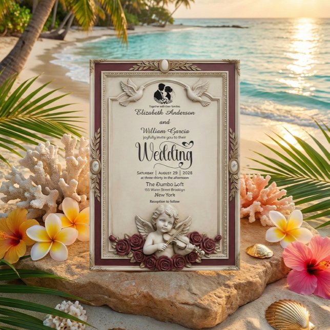 Djordgubbsros & Kerub Vintage Bröllop Inbjudningar (Skapare uppladdad)