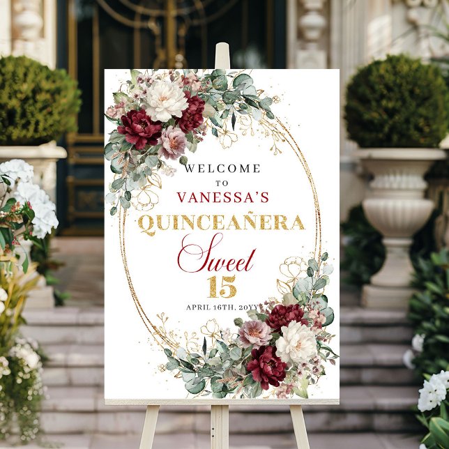 Djordrottningfärgad Boho Quinceanera välkomstskylt Poster (Deep Red Boho Quinceanera Welcome Sign Floral Gold!!!!!)
