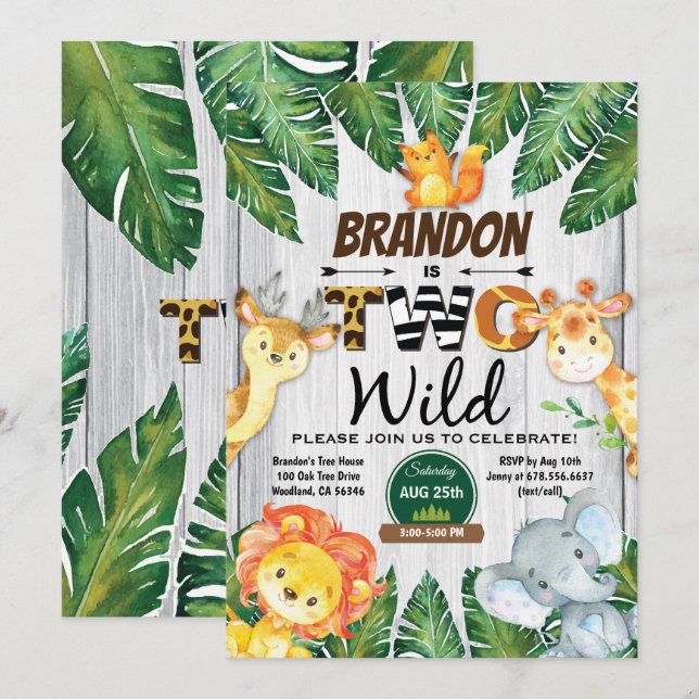 Djungel 2-års födelsedagsinbjudan. Pojke safari zo Inbjudningar (Fram/baksida)