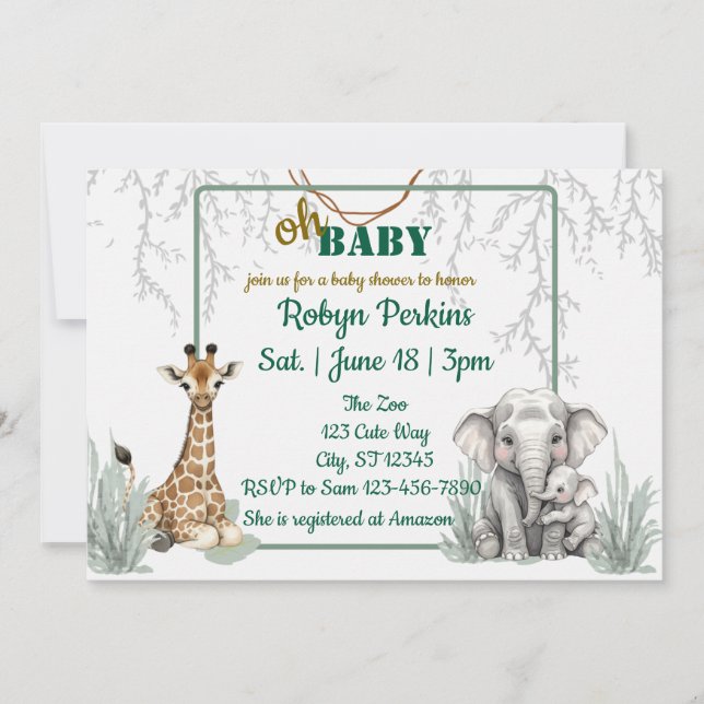 Djungel Akvarell Giraff Elefant baby shower Inbjudningar (Framsida)