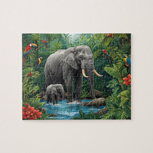 Djungel elefant och baby safari pussel (Horisontell)
