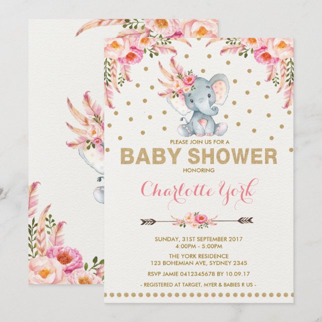 Djungel för inbjudan för Boho elefantbaby shower (Fram/baksida)