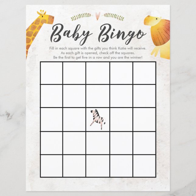 Djungel & Safari Tema Baby Bingo Baby Shower-spel (Framsida)