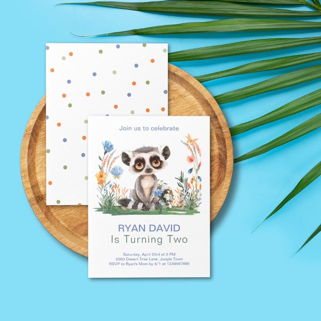 Djungel Safari Vilda Djur Födelsedagsfest Pojkar Inbjudningar (Safari Jungle Watercolor Monkey Orange Blue Flowers Colorful Dots Two Wild Birthday Invitation)