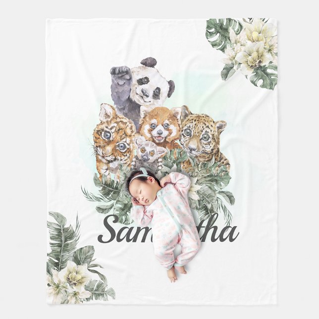 Djungel söta djur Monogram Tropisk grönska Fleecefilt (Skapare uppladdad)