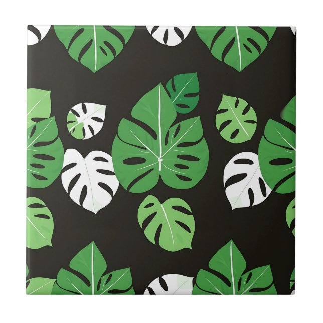 Djungel Tropiska Monstera Blad Svart Bakgrund  Kakelplatta (Framsidan)