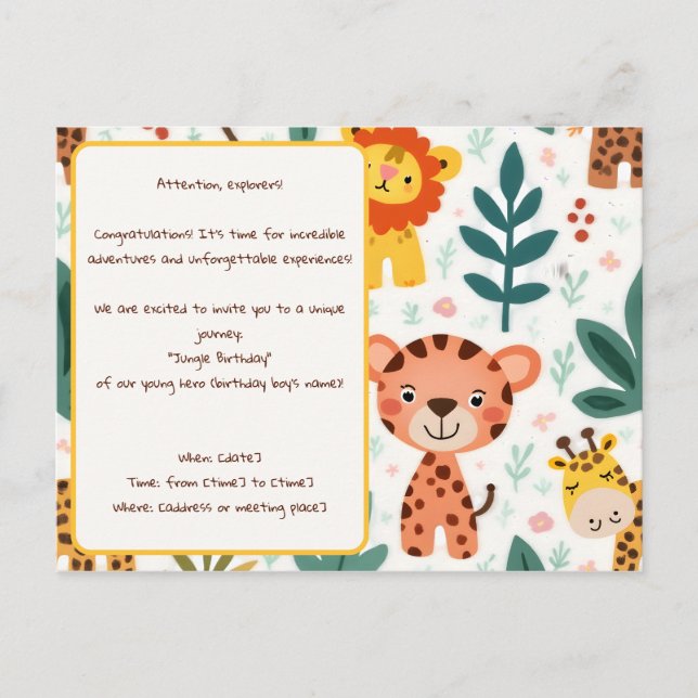 Djungeläventyrs-inspirerad födelsedagsfest vykort (Framsida)